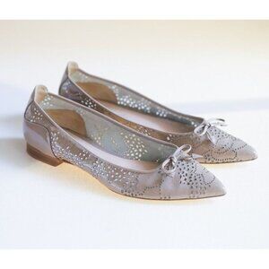 Sante Borella Nude Laser Cut Out Pointy Toe Bow  Accent Flats 40